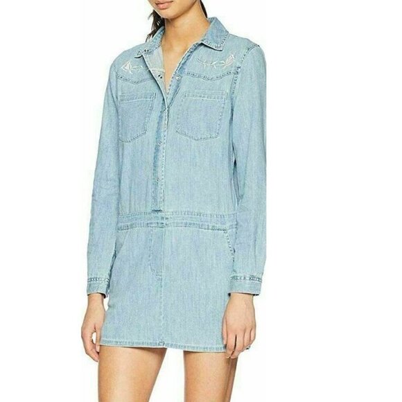 Juicy Couture Blue Chambray Mini Dress Small Embroidered Western Long Sleeve - Picture 4 of 4